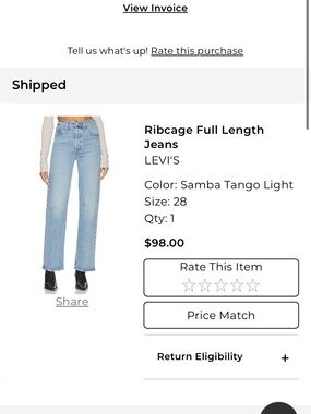 Levi's Ribcage Full Length Jeans - Size 28
